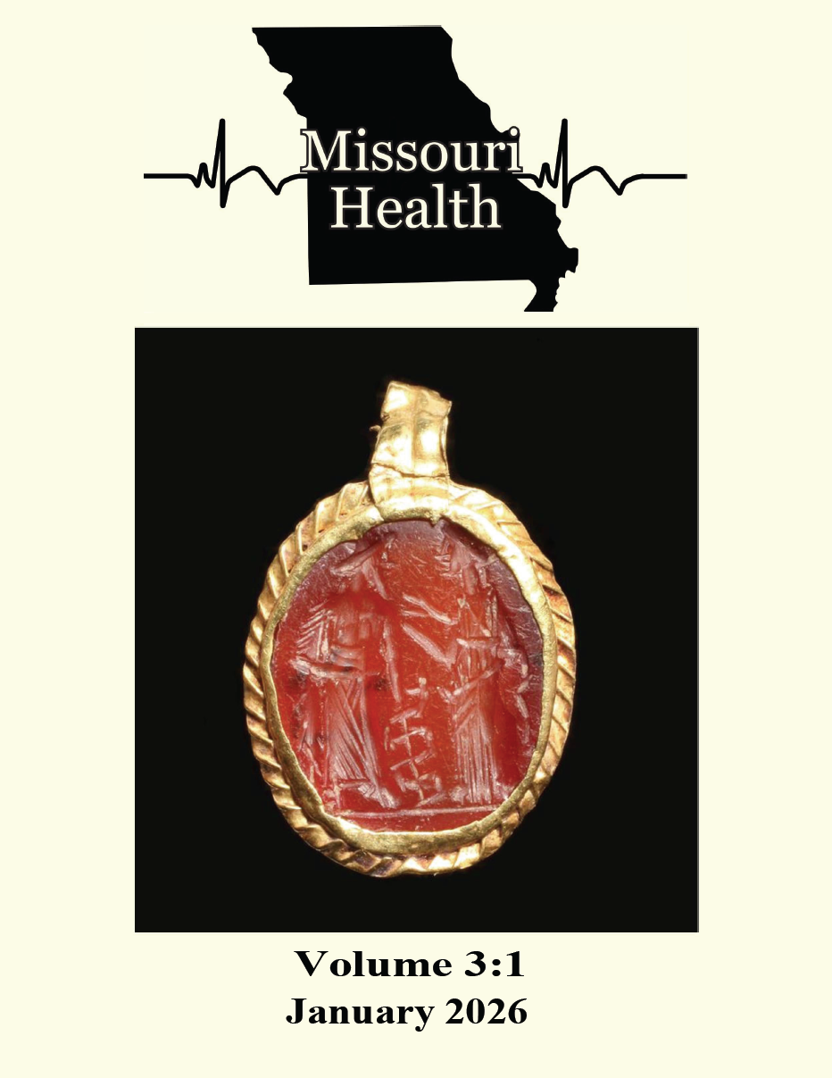 Cover of "Missouri Health" showing image of a pendant with Asclepius and Hygieia, Roman, 3rd-4th centure CE