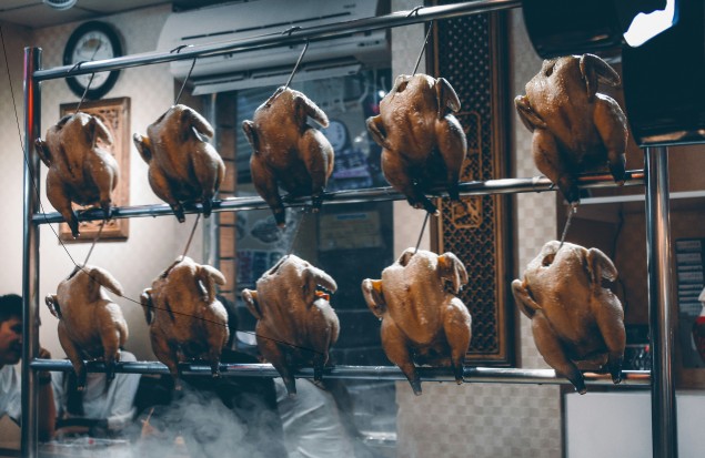 A row of chicken carcasses