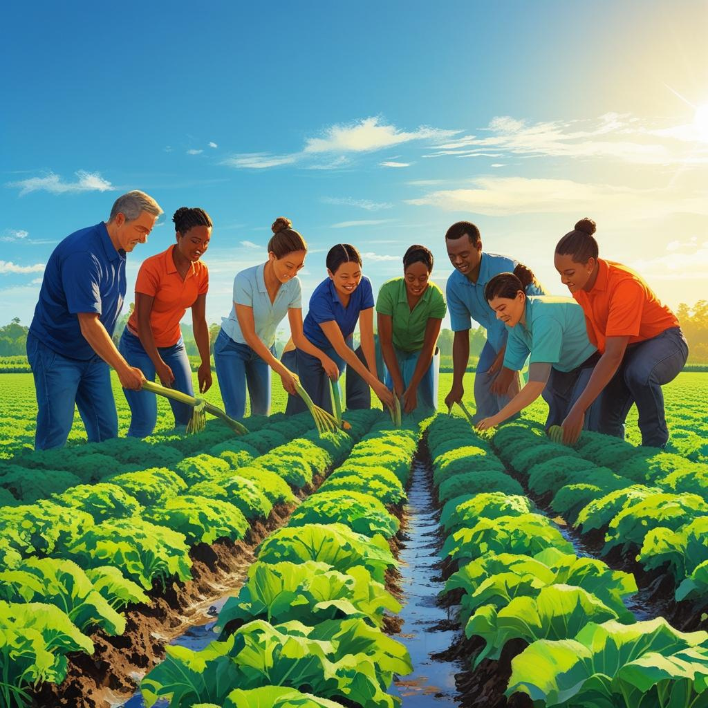 An Ai generated view of rows of cabbage plants with diverse workers working in the field
